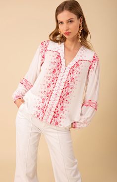 Embroidered Crinkle Gauze
Challis Lining at Body
Buttons at Top Neckline
Long Sleeve with Cuff
Low Hip Length with Curved Hem Embroidered Tops, Top Neckline, Autumn Skincare, Western Dress, Minimal Look, Print Layout, White Button Up, Fall Skirts, Western Dresses