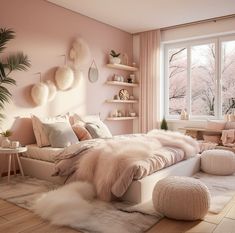 a bedroom with pink walls and fur rugs on the floor, bed in front of large window