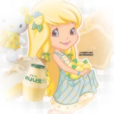 a cartoon girl holding a baby doll next to a jar of yogurt and a teddy bear