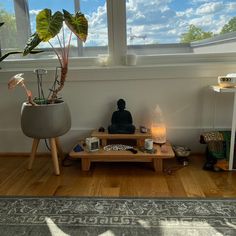 a living room with a couch, coffee table and potted plant in the corner