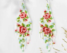 Seed bead earrings abstract earrings beaded от TravelJewell Seed Beaded Jewelry, Roses Earrings, Unique Beaded Jewelry, Mint Green Earrings, Red Flower Earrings, Flowers Earrings, Ivory Earrings, Beadwork Necklace