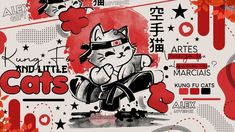 a cat is sitting on the ground in front of some red and white designs with stars