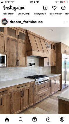 an instagram page with wood cabinets and white tile backsplash