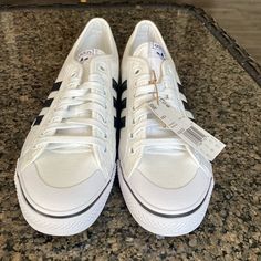 Adidas Nizza White / Black Size8.5 New, Unisex Adidas Casual Canvas Shoes With Vulcanized Sole, Casual Adidas Lace-up Canvas Shoes, Adidas Casual Lace-up Canvas Shoes, Adidas Nizza Platform, Adidas Black Sneakers, Adidas Nizza, Black Footwear, Adidas Swift Run, Adidas Cloudfoam