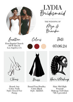 an advertisement for a bridal event with different dresses and hair colors on it, including black