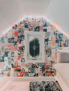 a room with a bed, mirror and lights on the wall above it that is decorated in many different colors