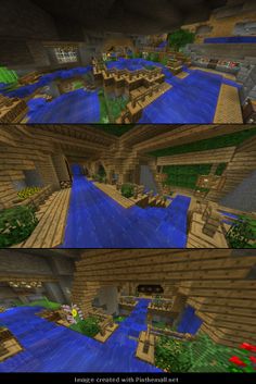 three different views of a river in minecraft