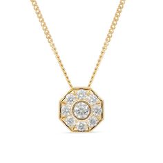 With modern geometry, this diamond pendant is a smart addition to any attire. Crafted in warm 10K gold, this eye-catching look features a 1/15 ct. bezel-set diamond sparkling in an octagonal frame of channel-set diamonds. Radiant with 1/4 ct. t.w. of diamonds and a brilliant buffed luster, this pendant suspends along a 16.0-inch curb chain with 2.0-inch extender that secures with a lobster claw clasp. Hexagon Brilliant Cut Jewelry For Formal Occasions, Formal Hexagon Brilliant Cut Jewelry, Luxury Diamond Necklace With Octagon Diamond Accents, Luxury Octagon Diamond Necklace With Diamond Accents, Luxury Octagon Diamond Necklace With Accents, Hexagon Diamond Jewelry With Brilliant Cut, Hexagon Brilliant Cut Diamond Jewelry, Elegant Octagon Diamond Necklace, Elegant Octagonal Diamond Necklace