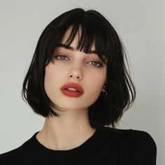 Blunt bangs are a timeless trend that adds a bold touch to any hairstyle. These straight-cut bangs, falling just above the eyebrows, can be paired with short, medium, or long hair. Keep the rest of your hair straight and sleek for a refined look, or create soft waves for a contrasting style. Check out these chic blunt bangs inspirations! #BluntBangs #BoldBangs #ChicHair #HairInspiration #SleekHair #SoftWaves #ModernHairstyle #HairGoals #TimelessStyle #BluntBangs #BoldBangs #ChicHair #HairInspiration #SleekHair #SoftWaves #ModernHairstyle #HairGoals #TimelessStyle #ChicStyle #HairInspo #SleekAndStraight #ModernBangs #HairTransformation #TimelessBeauty Short Hair Straight With Bangs, Short Hair With Straight Bangs, Black Bob Bangs, Long Face Haircuts Shorter Hair, Dark Bob With Bangs, Straight Bangs Short Hair, Short Straight Hair Bangs, Bangs Above Eyebrows, Black Bob With Bangs