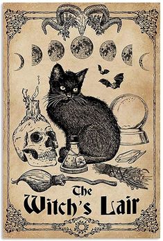 a black cat sitting on top of a table next to a skull