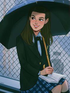 a girl in a school uniform holding an umbrella