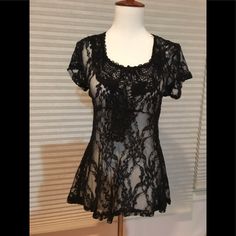 Black Sheer Lace Top, Size M, Keyhole Closure In The Back. Flattering Silhouette. Brand New With Tags. Black Lace Top With Short Sleeves, Black Lace Short Sleeve Tops, Casual Black Lace Blouse, Black Stretch Blouse With Lace Top, Black Lace Top With Lace Trim For Night Out, Black Lace Top With Short Sleeves For Summer, Black Scoop Neck Top For Night Out, Fitted Short Sleeve Lace Top For Night Out, Fitted Lace Top With Short Sleeves For Night Out