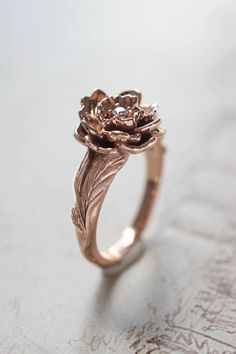 Peony flower engagement ring with diamond or moissanite | Eden Garden Jewelry™ Basic Jewellery, Flower Diamond Ring, Nature Engagement Ring, Flower Engagement, Nature Inspired Engagement Ring, Pretty Aesthetic, Nature Inspired Rings, Flower Engagement Ring, Ring With Diamond