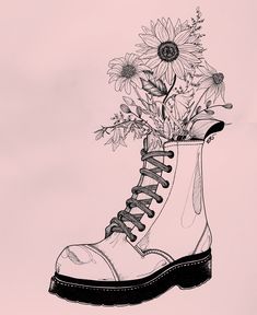 a drawing of a boot with sunflowers in it on a light pink background