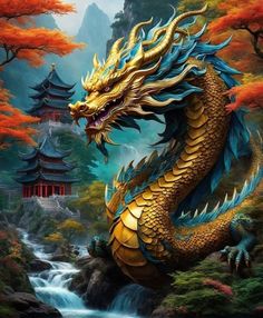 a golden dragon sitting on top of a waterfall