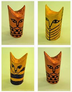 four pictures of different shapes and sizes of paper cups with faces painted on each one