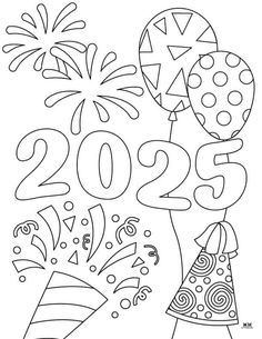 the new year coloring page with balloons and streamers in the air, as well as numbers