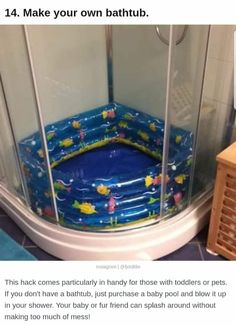 an inflatable bathtub is on the floor next to a wooden cabinet and mirror