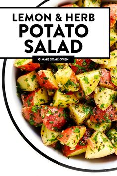 lemon and herb potato salad in a white bowl with the title overlay reads, lemon & herb potato salad