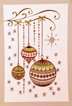 a card with ornaments hanging from it's strings and snowflakes on the side