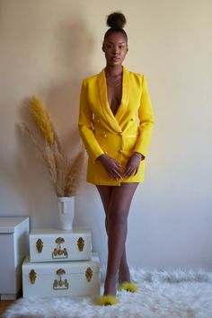 Patron Blazer Dress (Yellow) – Boldwoman Blazer Dress Outfits, Mustard Blazer, Blank Color, Fierce Women, Professional Outfits Women, Black Femininity, Fashion Decoration, Blazer Style, Yellow Outfit