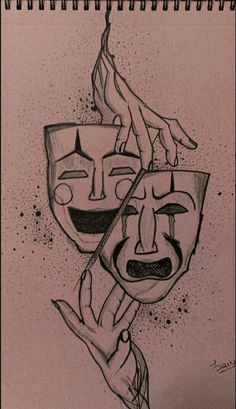 a drawing of two faces with one being held up to the side by another person's hand