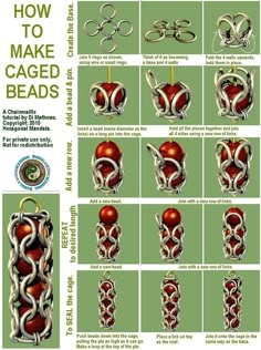 the instructions for how to make caged beads are shown in red and silver colors