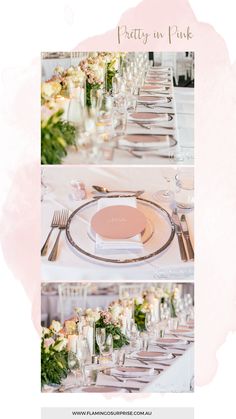 the table is set with pink and white flowers, silverware, and place settings