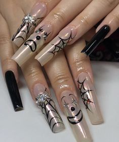 Idea For Nails, Clown Nails, Spiderweb Nails, Laugh Now Cry Later, Halloween Idea, Black Acrylic Nails, Punk Nails, Edgy Nails