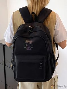 Bird in Bag - Durable Black Nylon College-Style Student Backpack with Cool Design, Ideal for High School, Junior High School, Commuting, School Bags In Nylon With Letter Print, Letter Bag, College Style, Junior High School, Student Backpacks, Junior High, College Fashion, Bird In Bag, Black Nylon