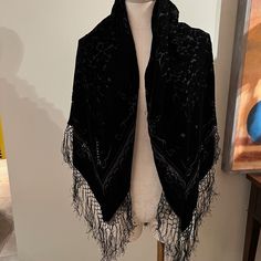 This Was A Gift From My Mother In Law. It Is Gently Worn, It Does Not Have Tags. I Believe It Is Rayon And Silk, But I Am Not Sure. My Measurements Are Approximate.. Overall 47" X 47" Which Includes A 6" Knotted Macram Fringe. It Is In Very Good Condition. It Doesn't Wrinkle So It Is Easy To Take Along. Black Velvet Shawl, Macrame Fringe, Velvet Shawl, Mother In Law, My Mother, Black Velvet, Scarf Wrap, Scarf Accessory, Shawl