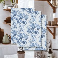 two blue and white flowers are on the wall in this kitchen with shelving shelves