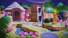 a painting of a pink house with flowers in the front yard and water fountain on the other side