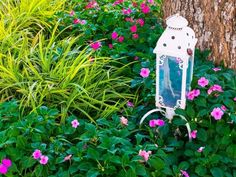 a white light sitting on top of a lush green field next to a tree and flowers