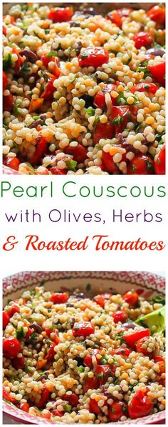 peal couscous with olives, herbs and roasted tomatoes in a casserole dish