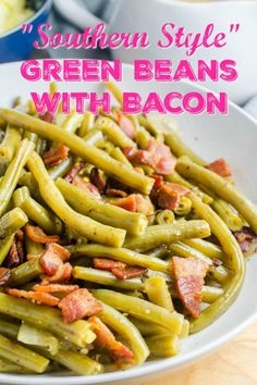 green beans with bacon in a white bowl