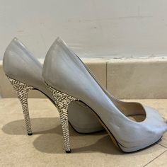 Beautiful Pale Blue Color With Crystal Embellished Heel. Wore At My Wedding. Shoes Need Some Tlc With A Few Crystals Missing Pale Blue Color, Crystal Heels, Embellished Heels, Giuseppe Zanotti Shoes, My Wedding, Blue Crystals, Giuseppe Zanotti, Pale Blue, Blue And Silver