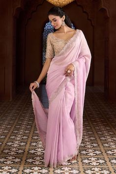 Pink saree with cutwork border embroidered with beaded, thread floral pattern. Comes with embroidered blouse and solid petticoat. - Aza Fashions Pink Organza Saree, Saree Gowns, Cotton Sarees Handloom, Stunning Bridesmaid Dresses, Ruffle Saree, Lehenga Saree, Blouse For Women, Organza Saree, Silk Organza