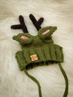 a green knitted hat with antlers on the top and ears attached to it