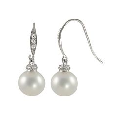 Delicate beauty. Diamond accents and freshwater cultured pearls make these drop earrings a gorgeous pair. Illuminate any ensemble with these sterling silver drop earrings. Rhodium plating adds lustrous shine to the sterling silver construction. Earrings come in a gift box. Details: 7-7 1/2-mm cultured pearls 4/5-in. length Pierced Fishhook backings Rhodium-plated sterling silver Image(s) may be enlarged to show detail. Diamond weights are approximate. Diamond total weights may vary between .01 a Christine Lagarde, Sterling Silver Drop Earrings, Freshwater Cultured Pearls, Pearl Diamond, Silver Drop Earrings, Cultured Pearls, Pearl Jewelry, Jewelry Earrings Dangle, Pearl Earrings