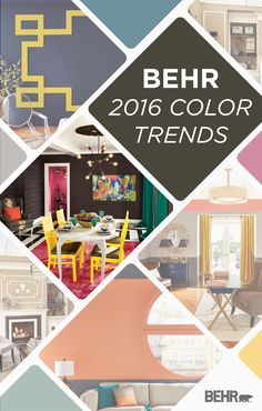 the cover of behr's 2016 color trend book, featuring colorful furniture and decor