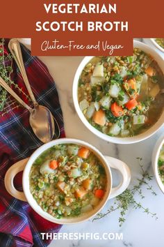 three bowls filled with vegetable soup on top of a table