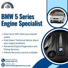 an advertisement for bmw engines with the words bm 5 series engine specialist