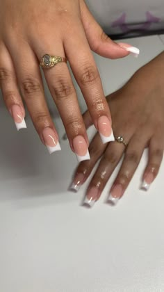 French On Square Short Nails, White French Tip Nails Square With Diamonds, Sleek French Tip Nails, Pretty White Tip Nails, Cute French Tip Acrylics, Short Classy French Nails, Medium Size French Tip Nails, Bling White French Tip Nails, Nail Inspo 2023 French Tip