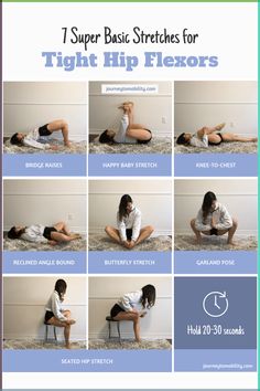 a woman sitting on top of a bed with her legs crossed and the words, super basic stretches for tight hip flexors