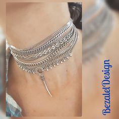 "♦ A stunning layered choker, made of silver-plated brass in very high quality, This necklace is designed in a boho-chic line with touches of punk 'a very beautiful necklace. The coating is very high quality and remains for a long time. SIZE length: 11.8\"(30cm) up to 15.8\"(40cm) width choker: 1.57\"(4cm) width pendant:0.27\"(0.68 mm) Pendant height: 1.57\"(4cm) ♦ This piece of jewelry is perfect as a gift for yourself or a friend, for a festival, Valentine's day or a birthday. If you're intere Festival Silver Choker With Adjustable Chain, Silver Adjustable Chain Choker For Festival, Bohemian Festival Layered Choker Necklace, Bohemian Silver Layered Necklace With Adjustable Chain, Bohemian Silver Layered Choker Necklace, Silver Bohemian Layered Choker Necklace, Bohemian Multi-strand Choker For Festival, Silver Choker With Adjustable Chain For Layering, Bohemian Silver Layered Metal Necklace