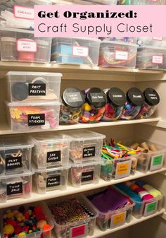 the shelves are filled with plastic containers and bins for crafting, making or storage