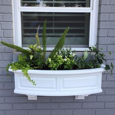 a window sill with plants in it on the side of a brick building,