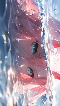 an anime character with pink hair and blue eyes in the water, looking at something