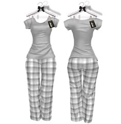 two women's pajamas hanging on a hanger, one in grey and the other in white